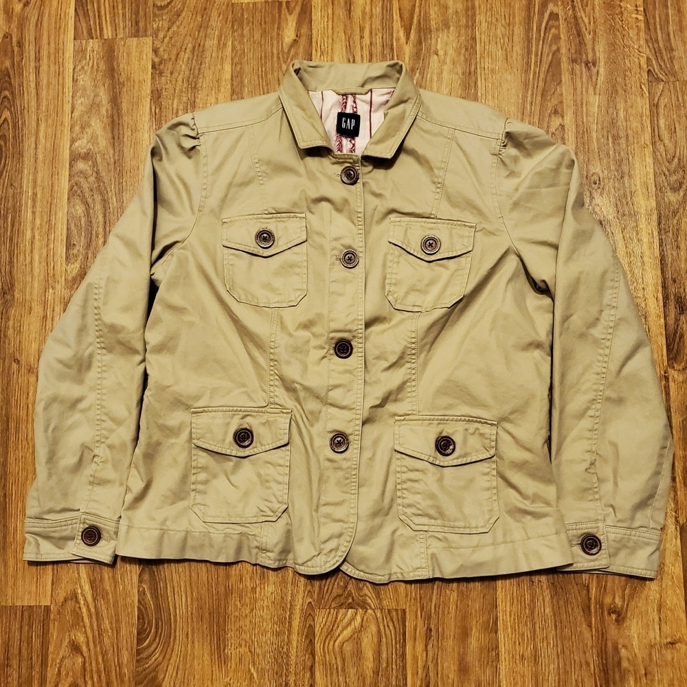 Vintage GAP Utility Field Jacket Women XL Tan Cotton Floral Lined Button Up Y2K - Picture 2 of 10